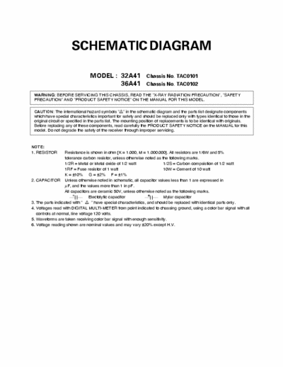 Toshiba 32A41 36A41 Schematics for Toshiba 32A41 TAC0101 and 36A41 TAC0102 chassis N1ES.